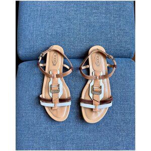 Tod's T-Strap Buckle Flat Sandals | Size 37.5 7.5 | Tan Brown White